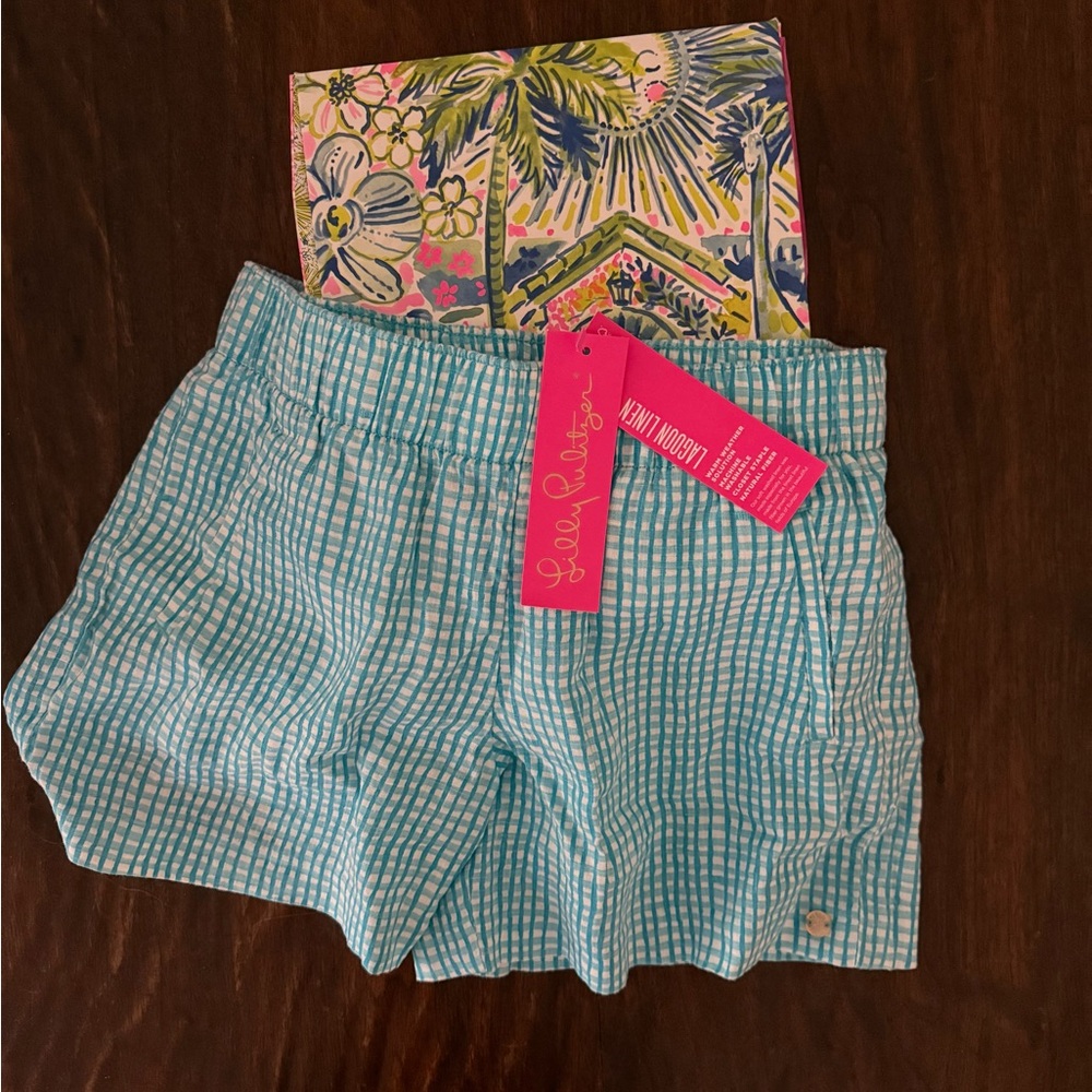 NWT Lilly Pulitzer Lilo Linen Shorts Seabreeze Blue Along the Same Line Check XS
